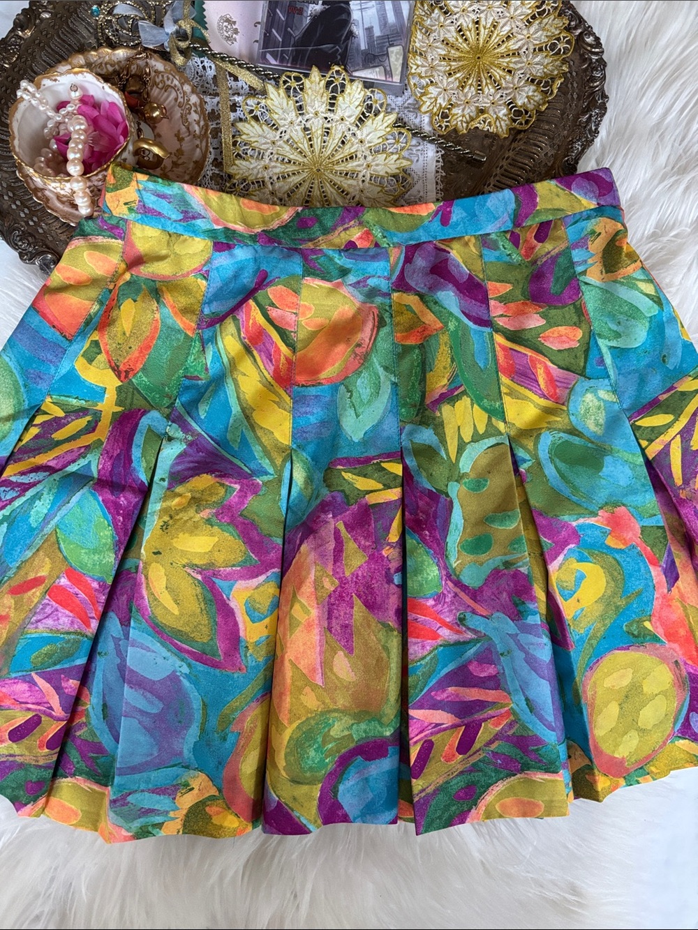 Vintage 80’s Tennis Skirt Pleated Mini Printed Colorful 90s Flirty School Girl M